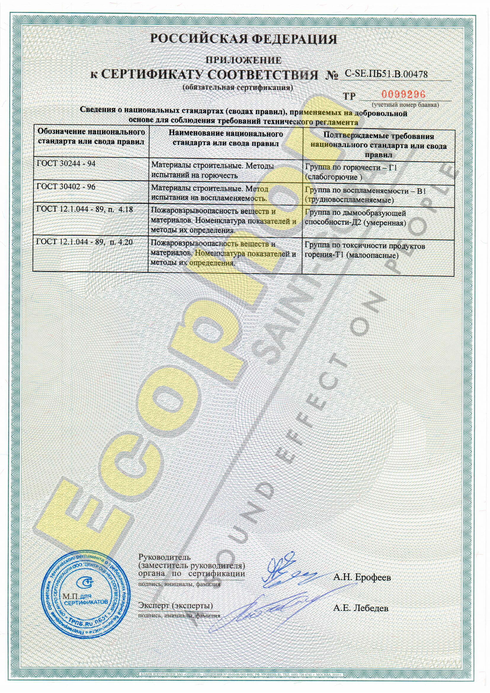 Приложение к сертификату соответствия ( панели Ecophon отделочные звукопоглощающие из стекловолокна для подвесных потолков)