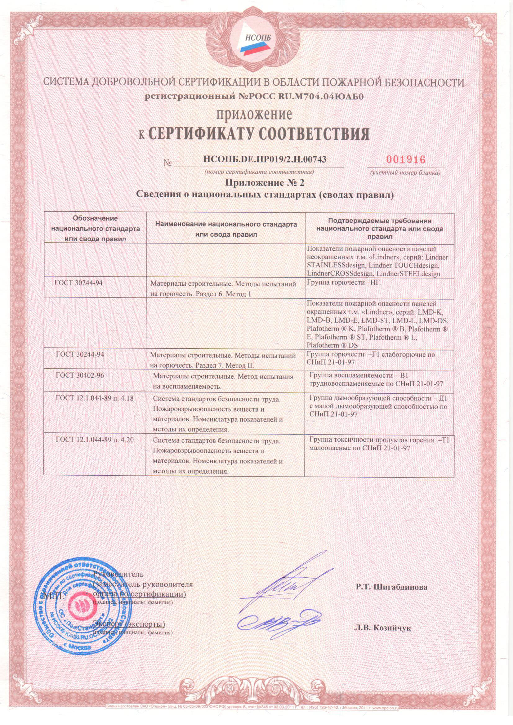 Приложение 2 к сертификату соответствия ( панели стальные потолочные и стеновые т.м Lindner)
